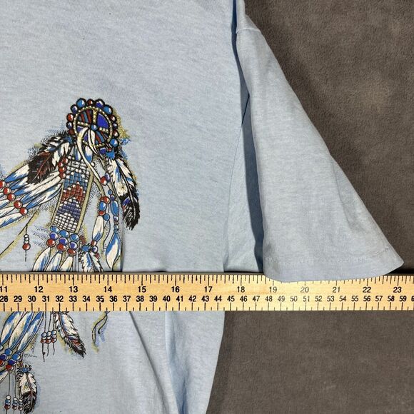 Vintage 90s Hanes HeavyWeight 50\50 Feather Print Mens T-Shirt Medium Blue USA - Picture 5 of 6